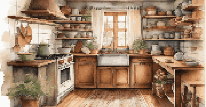 A warm and inviting kitchen with wooden cabinets and vintage cookware, illuminated by soft natural light.