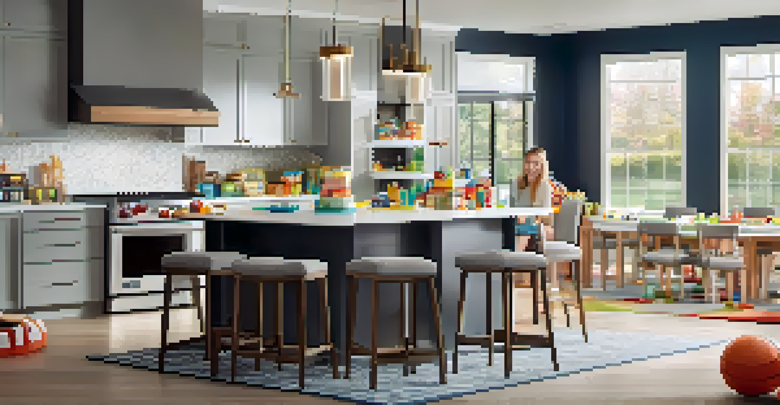 A modern kitchen in an open floor plan with child-friendly furniture, a quartz island, and a cozy play area for kids.