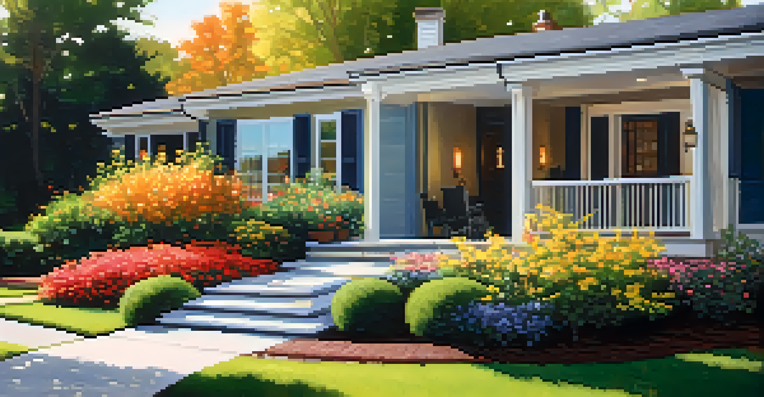 A modern home featuring a zero-step entry and wheelchair ramp, surrounded by colorful landscaping and illuminated by soft sunlight.