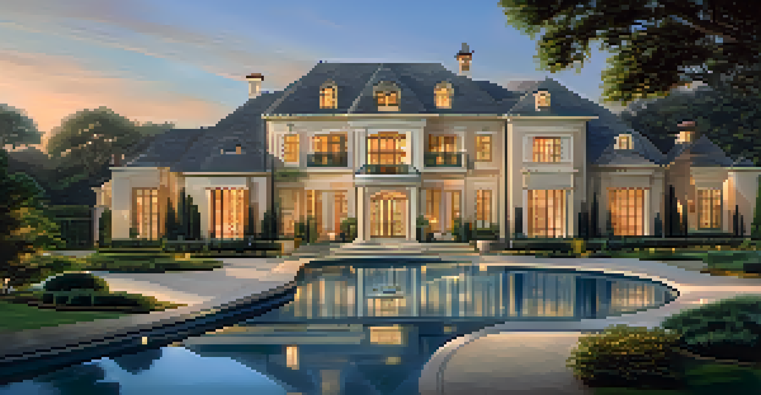 An elegant luxury home with an outdoor pool and garden at sunset, showcasing unique architecture and warm lighting.