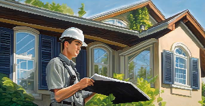 A home inspector in a hard hat examines the roof of a house, holding a clipboard, with blue skies and trees in the background.
