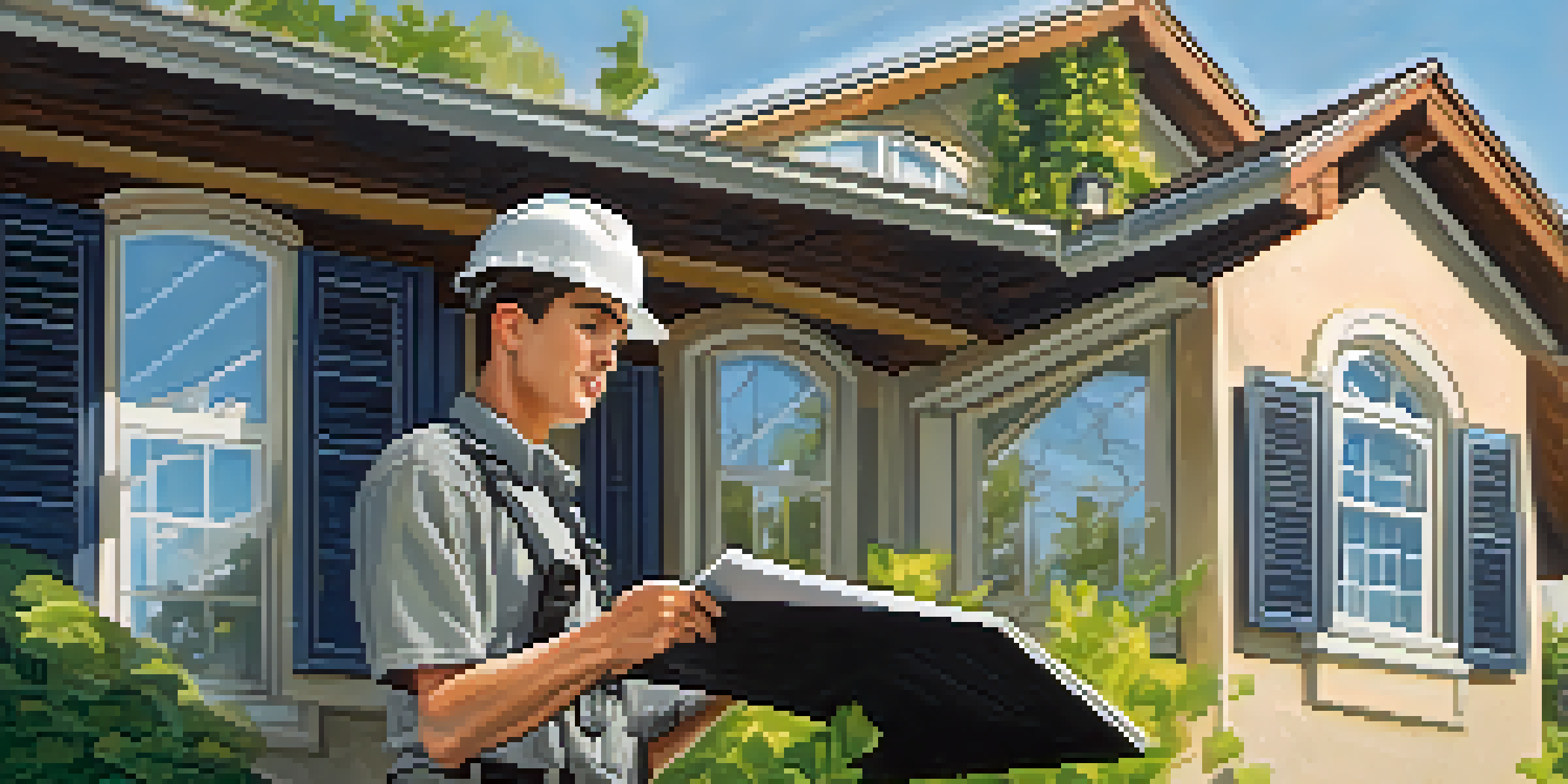 A home inspector in a hard hat examines the roof of a house, holding a clipboard, with blue skies and trees in the background.