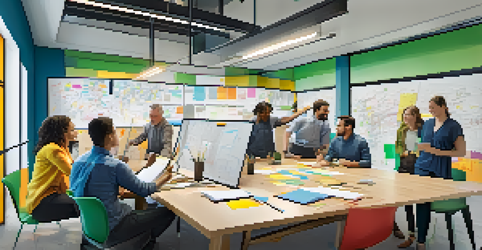 A diverse team of contractors collaborating around a whiteboard filled with notes and diagrams in an open office.