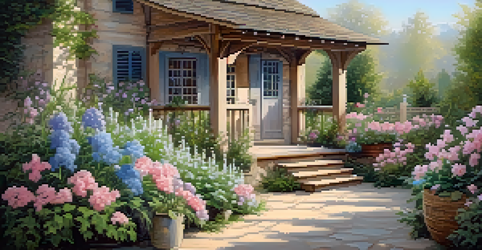 A peaceful cottage garden with pastel blooms and a wooden arbor, softly lit by sunlight.