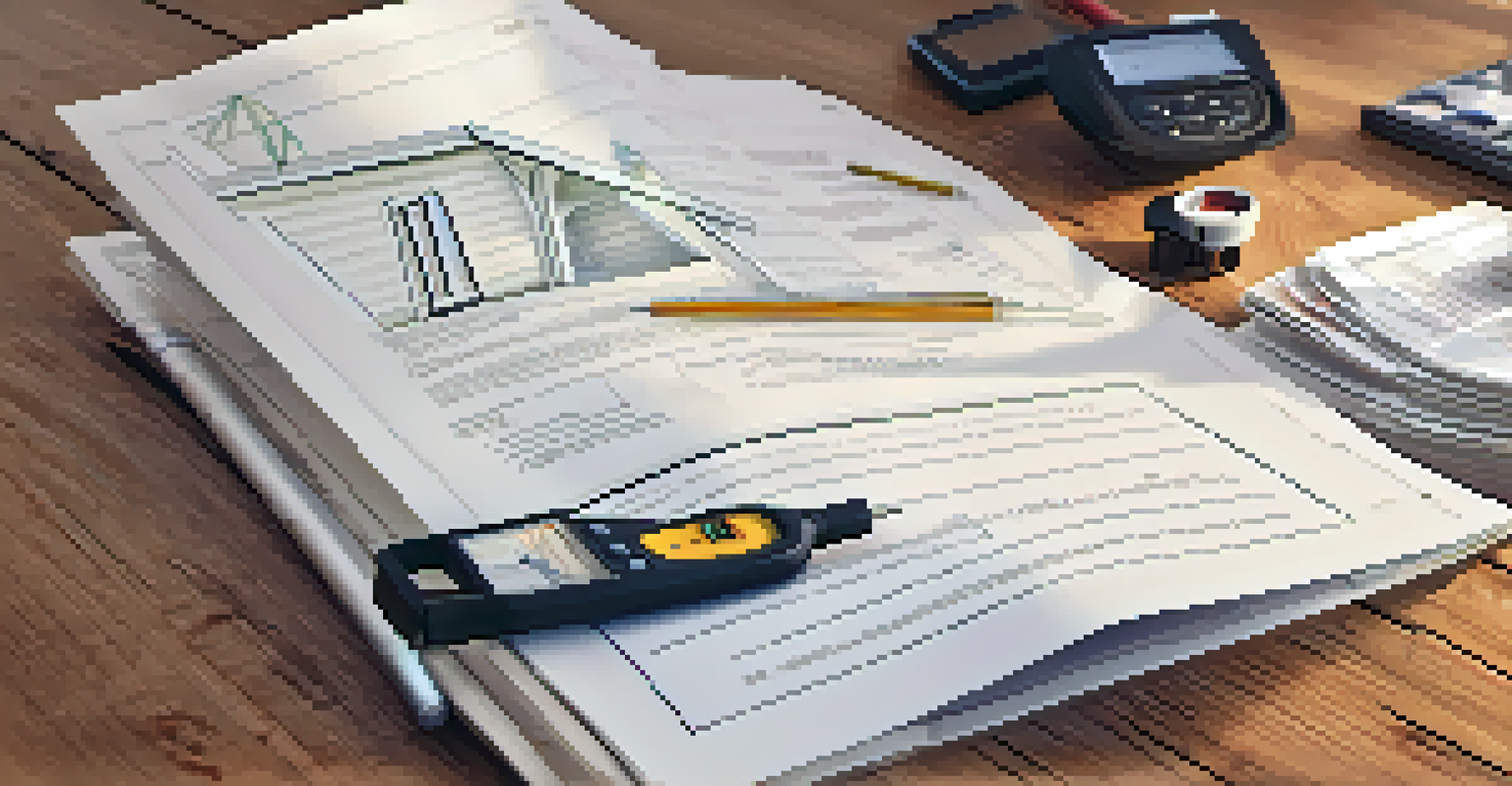 A close-up of a home inspection report on a wooden table with tools like a thermal imaging camera and moisture meter.