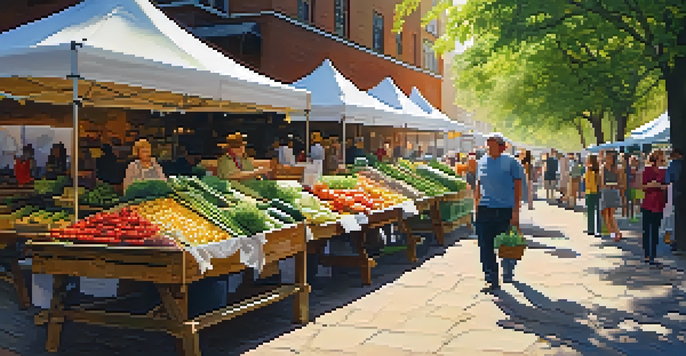 A lively farmers' market filled with colorful produce and people engaging with local vendors under soft sunlight.