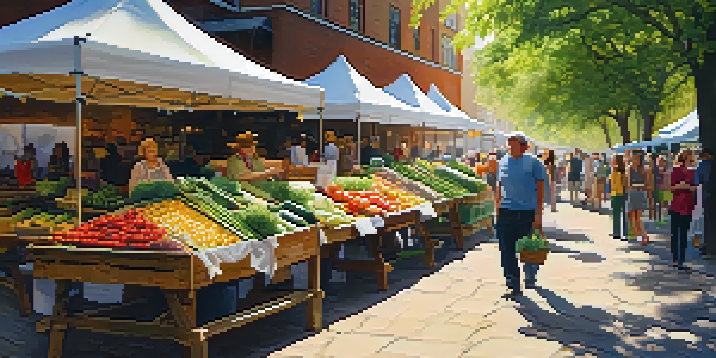 A lively farmers' market filled with colorful produce and people engaging with local vendors under soft sunlight.