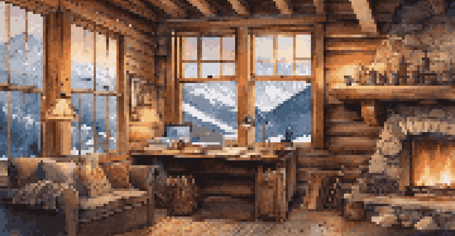 An inviting mountain cabin interior with a workspace overlooking snowy mountains, featuring a fireplace and rustic decor.