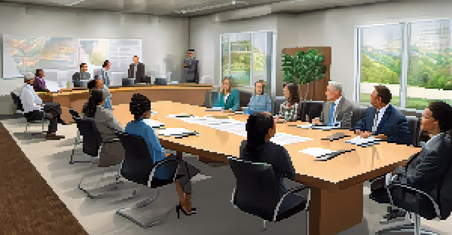 A diverse group of community members engaged in an HOA board meeting, discussing budgets and community projects in a modern conference room.