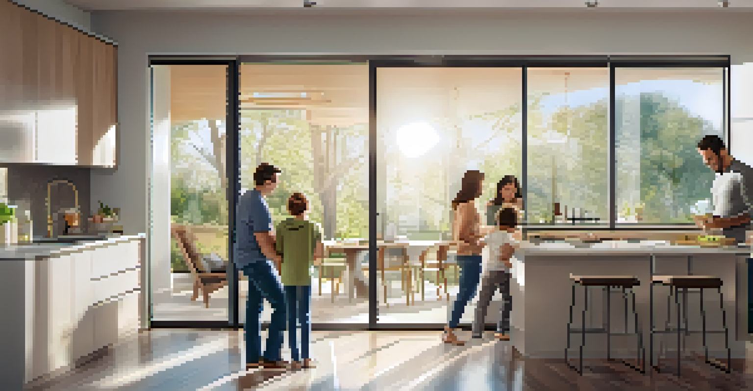 A family in a modern kitchen reviewing home security options on a laptop, with sunlight streaming in and certification logos visible on screen.