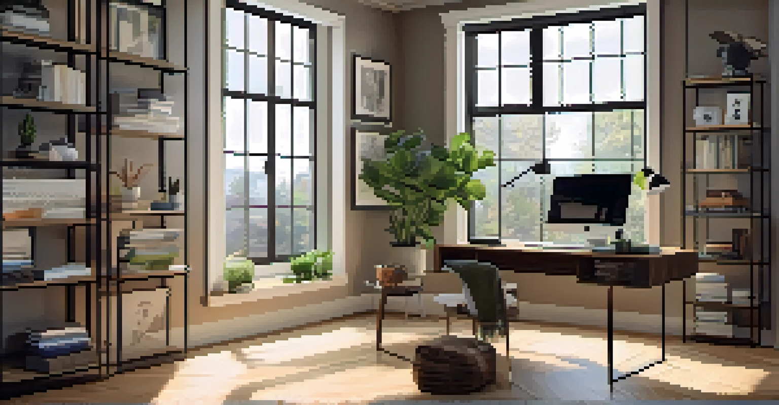 A modern home office with a wooden desk, laptop, books, and a potted plant, illuminated by natural light from a large window.