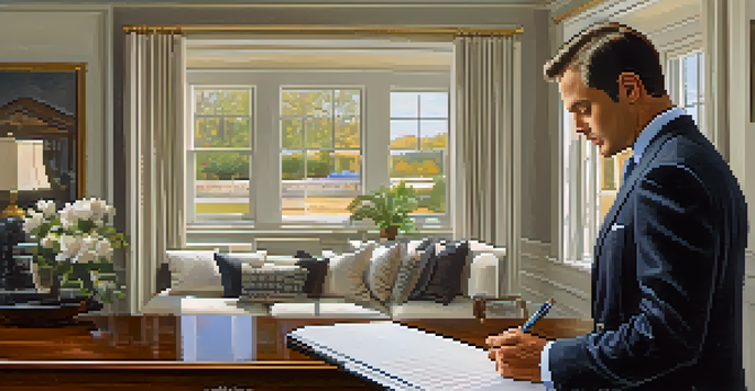 A licensed appraiser inspecting a modern home's interior, taking notes in a well-lit room filled with elegant furnishings.