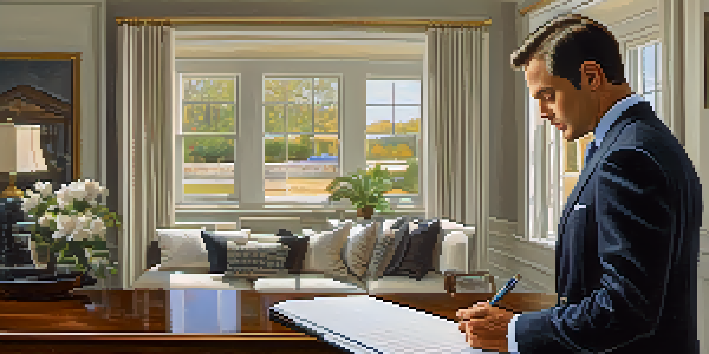 A licensed appraiser inspecting a modern home's interior, taking notes in a well-lit room filled with elegant furnishings.