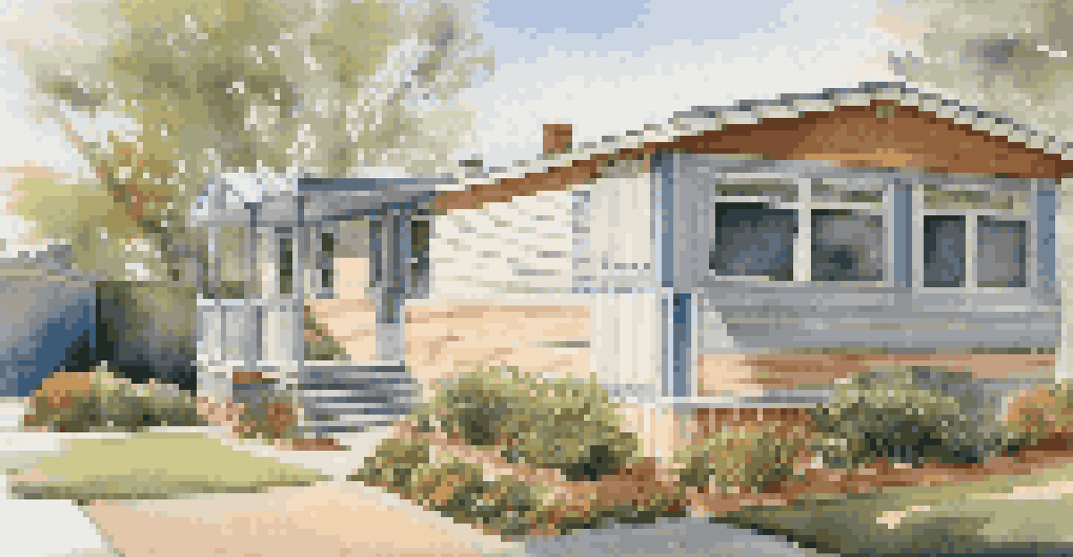 Close-up of a mobile home with a charming porch, potted plants, and a clear blue sky in the background.