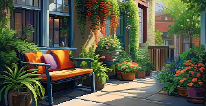 A small urban garden with wall planters, a wooden bench with cushions, and colorful flowers bathed in soft morning light.