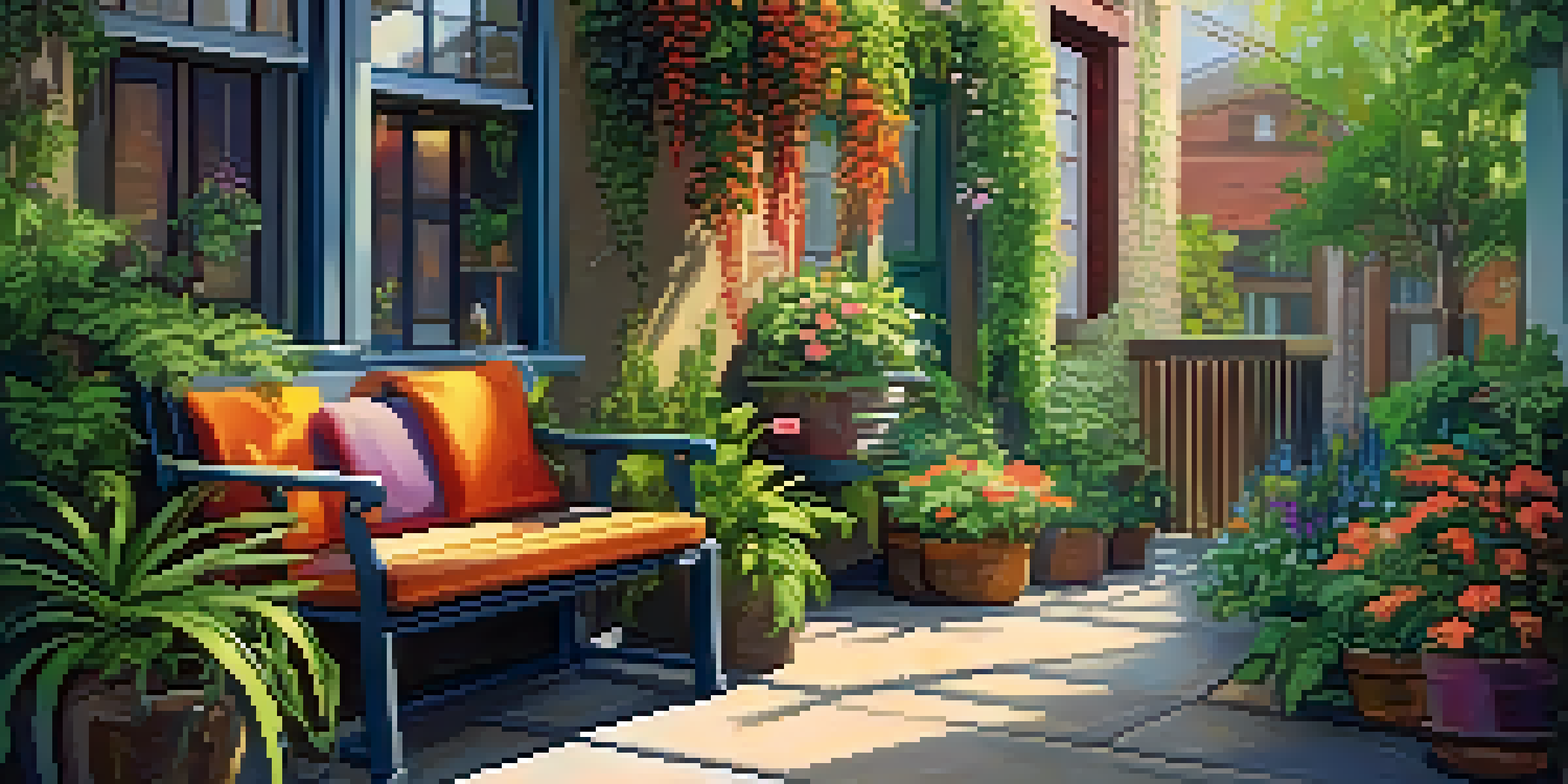 A small urban garden with wall planters, a wooden bench with cushions, and colorful flowers bathed in soft morning light.