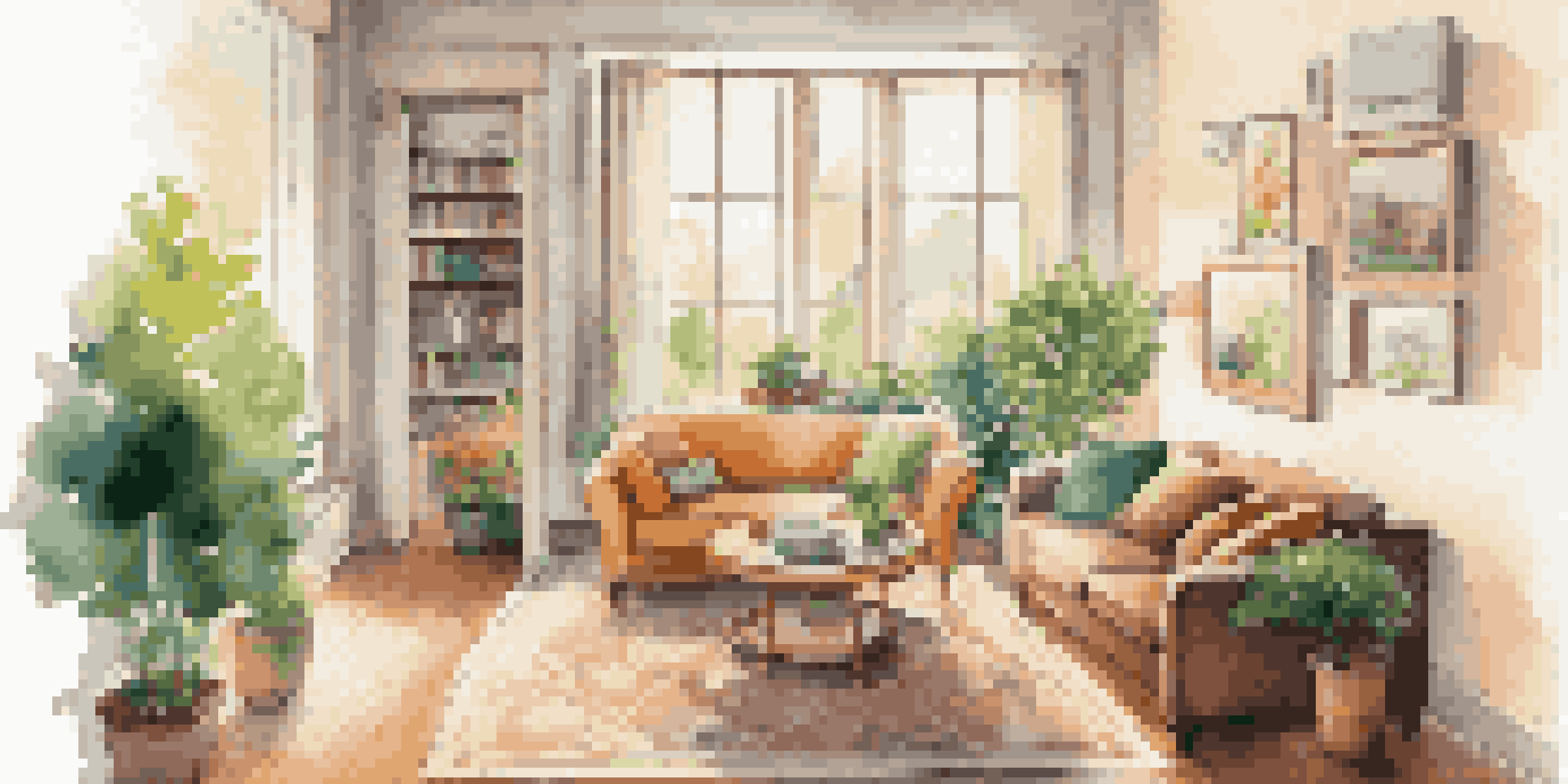 A warm and inviting living room with sunlight streaming through a large window, featuring a sofa with cushions, a coffee table with financial documents, and family photos on the walls.