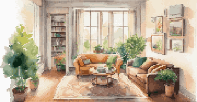 A warm and inviting living room with sunlight streaming through a large window, featuring a sofa with cushions, a coffee table with financial documents, and family photos on the walls.