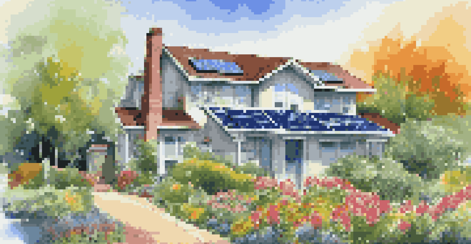 A modern home with solar panels and a beautiful garden, with a 'For Sale' sign indicating energy efficiency.