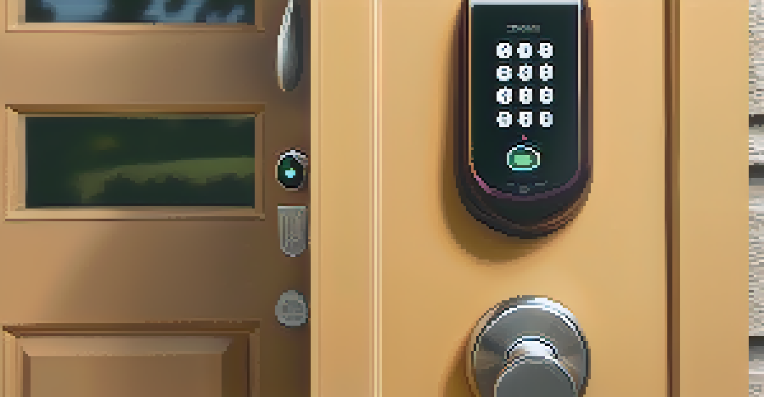 A close-up of a smart lock on a front door with a digital keypad and a welcome mat.