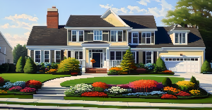 A beautiful suburban home with a manicured lawn and colorful landscaping, showcasing a bright front door and modern house numbers.