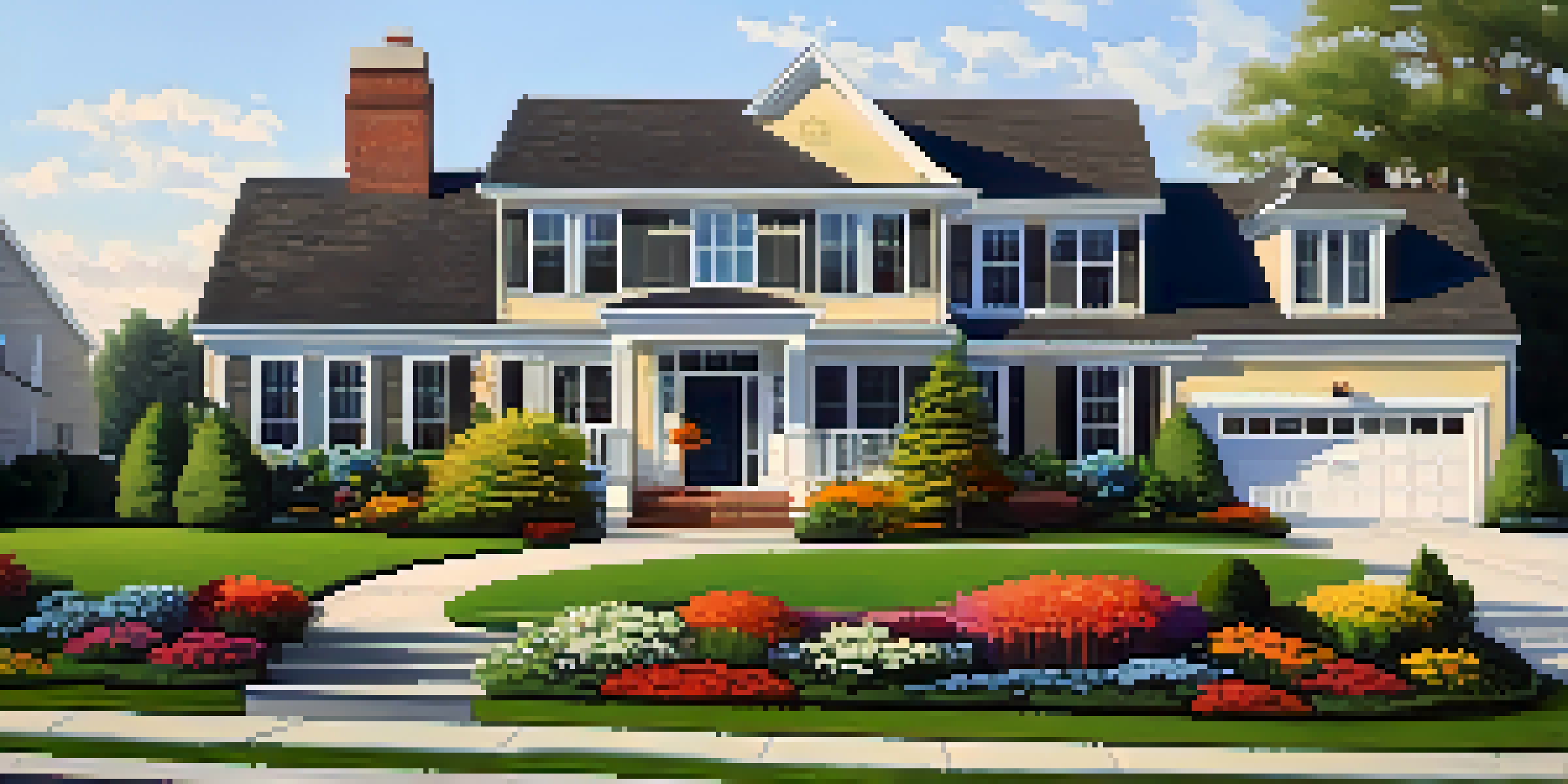 A beautiful suburban home with a manicured lawn and colorful landscaping, showcasing a bright front door and modern house numbers.