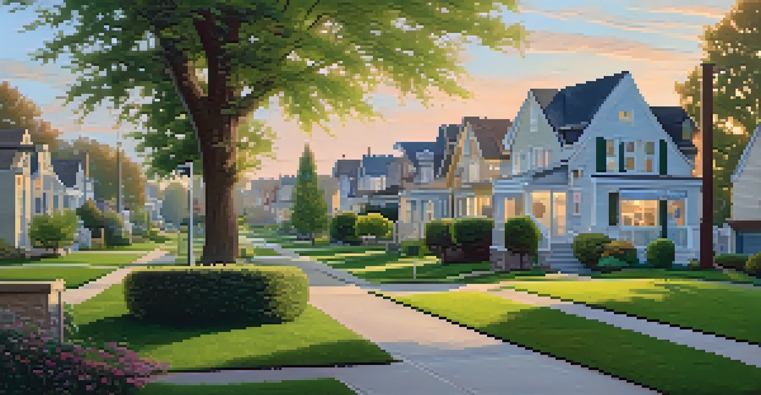A quiet suburban neighborhood at dawn, with charming homes and a family walking their dog.