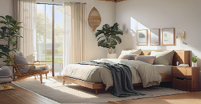 A clean and serene bedroom with allergen-proof bedding, soft colors, and minimalistic decor, bathed in warm sunlight.
