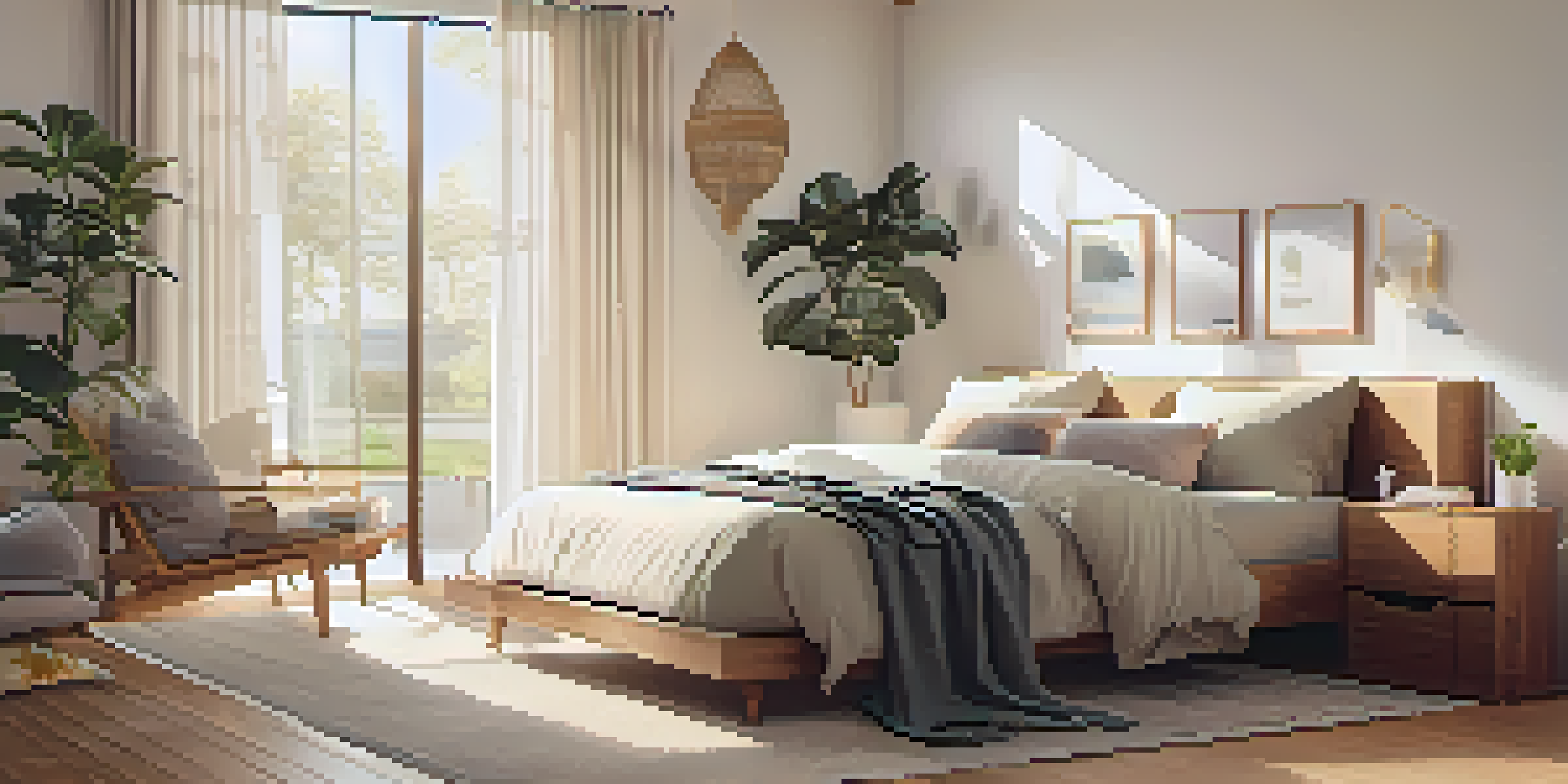 A clean and serene bedroom with allergen-proof bedding, soft colors, and minimalistic decor, bathed in warm sunlight.