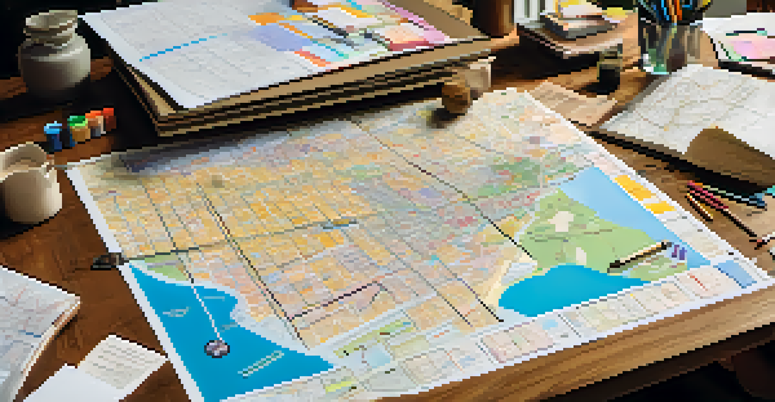 A detailed zoning map on a table with colorful markers and notes, showing various zoning districts and landmarks, with a person analyzing it.