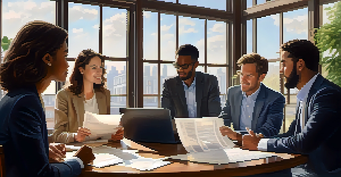 A diverse group of investors discussing real estate syndication around a wooden table, with sunlight streaming in through large windows.