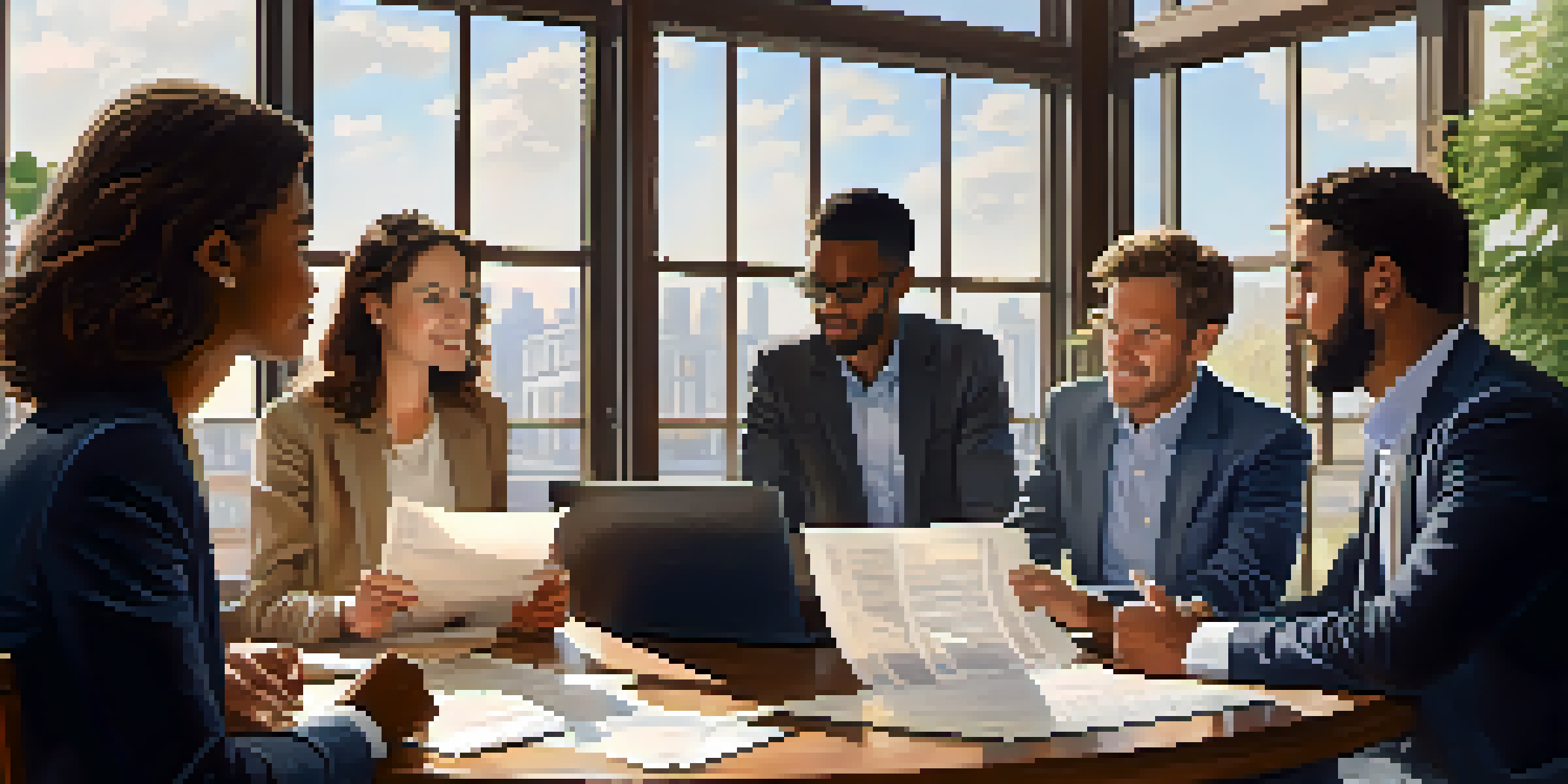 A diverse group of investors discussing real estate syndication around a wooden table, with sunlight streaming in through large windows.