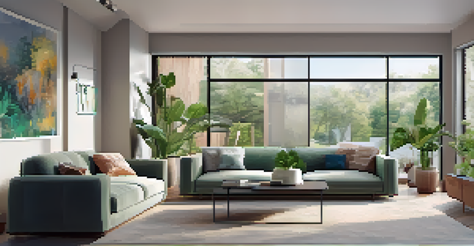 A modern living room with a home security system dashboard on the wall, stylish furniture, and bright natural light.