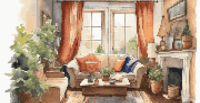 A cozy living room with a well-sealed window, heavy curtains, and a draft stopper at the door, illuminated by natural sunlight.