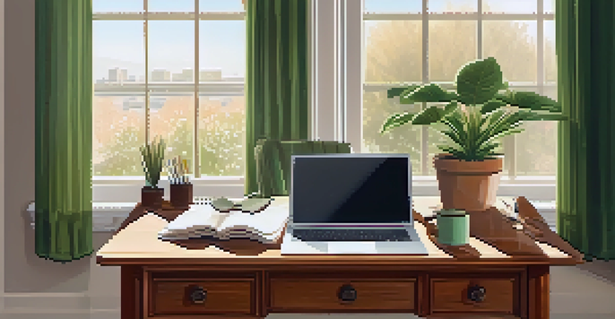 A modern workspace with a laptop, potted plant, and notepad, illuminated by sunlight from a window.