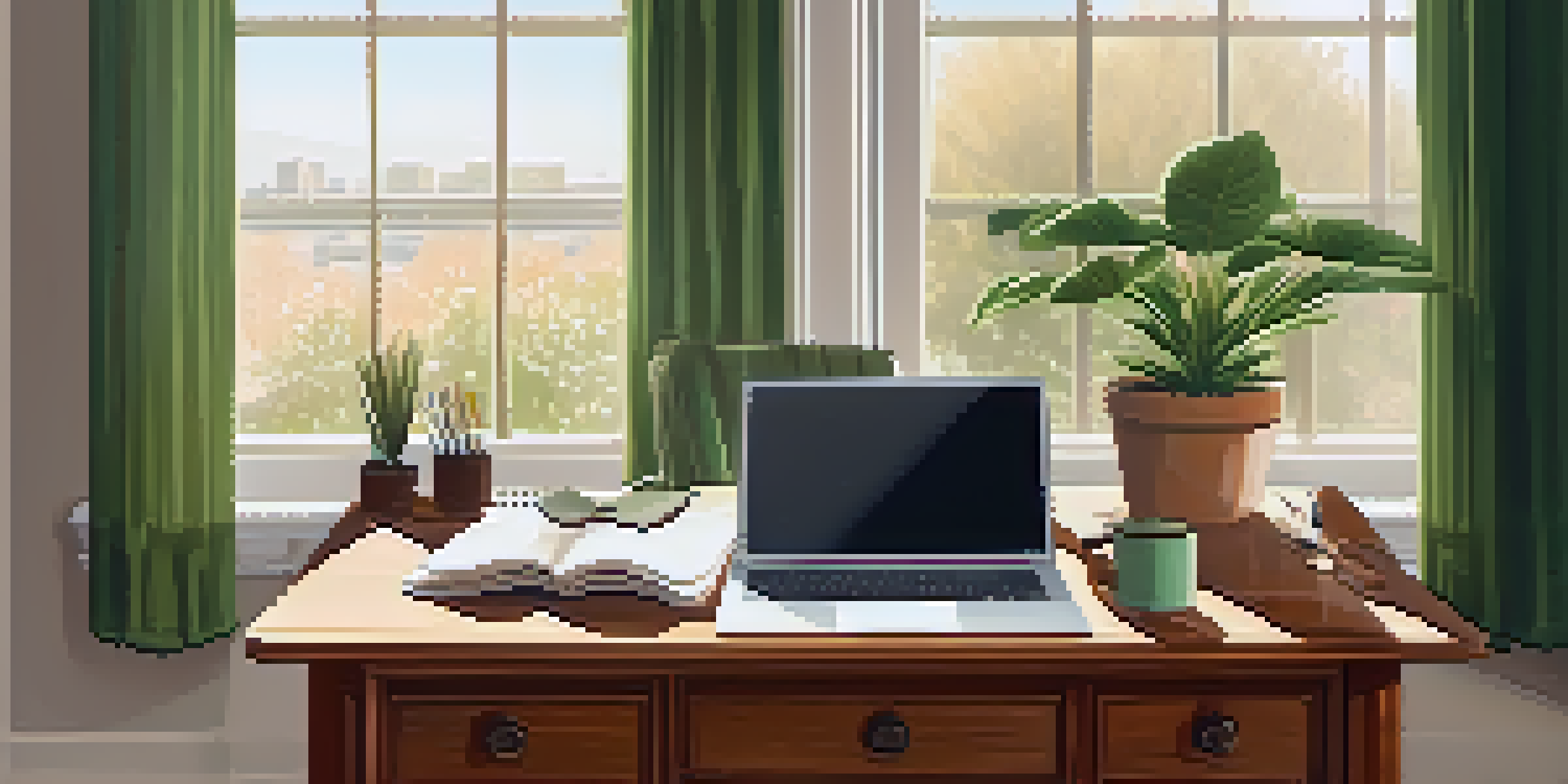 A modern workspace with a laptop, potted plant, and notepad, illuminated by sunlight from a window.