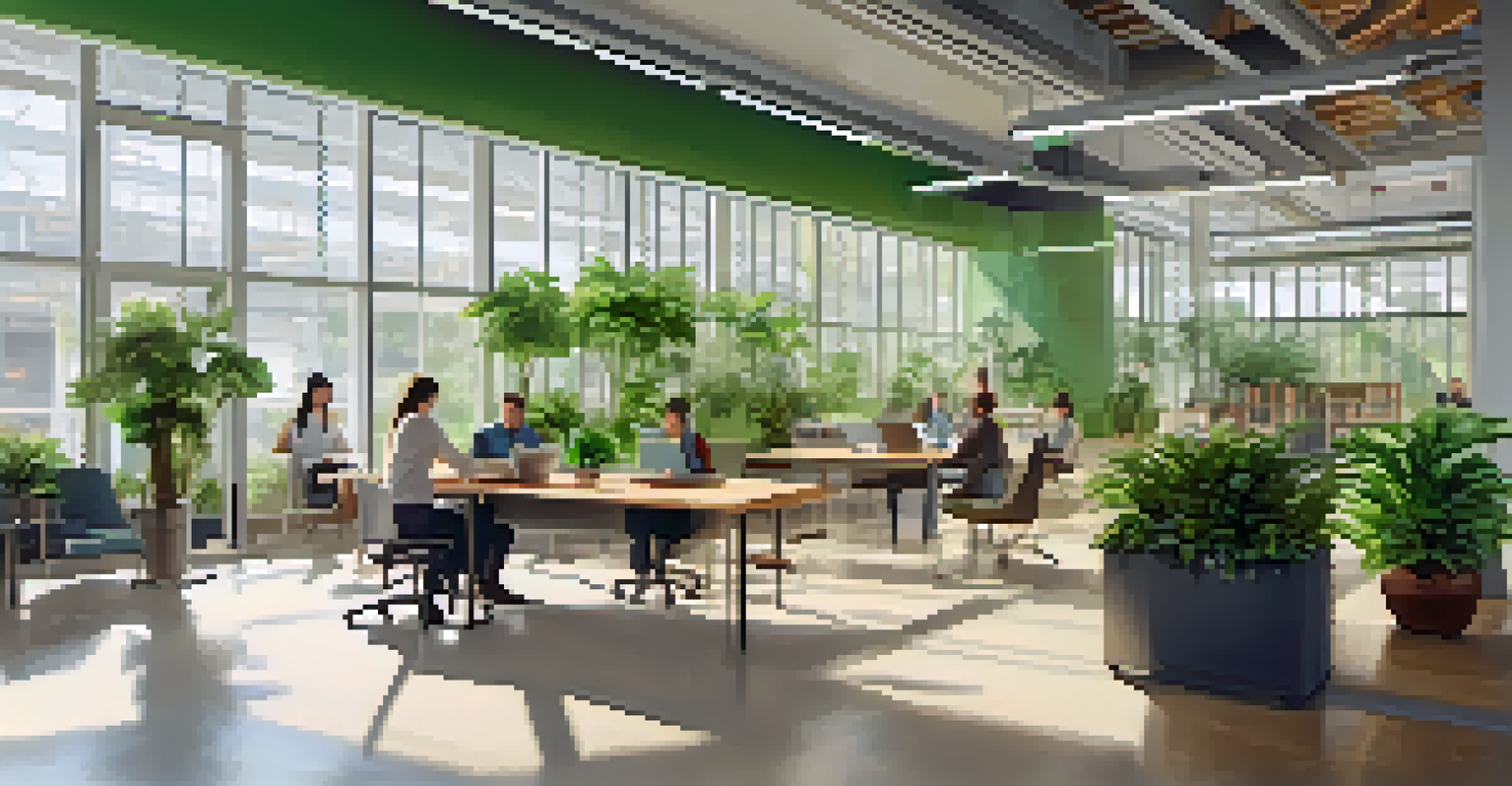 An office interior with open windows and a green wall, highlighting the use of natural ventilation and a bright, comfortable workspace.