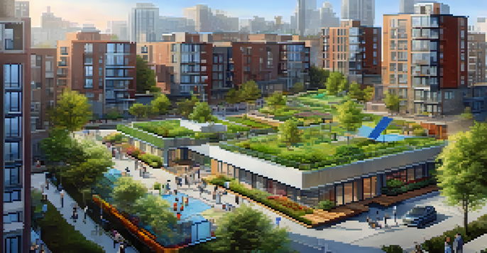 A lively city scene with a community park, modern buildings with green roofs, and people enjoying the outdoor space.