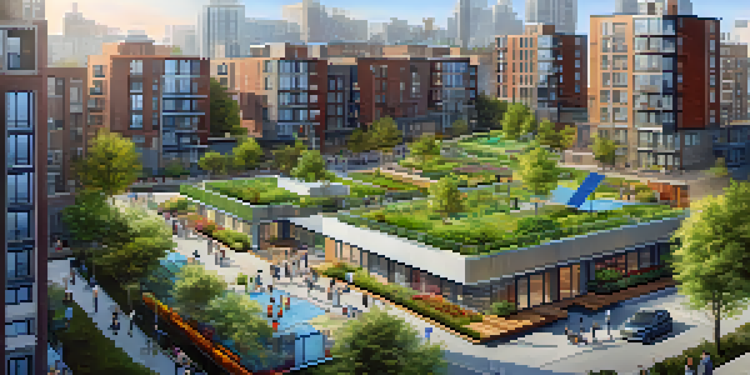 A lively city scene with a community park, modern buildings with green roofs, and people enjoying the outdoor space.