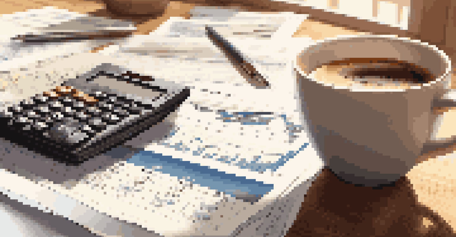 A close-up view of financial documents, a calculator, and a cup of coffee on a wooden desk, with graphs and charts about mortgage refinancing.