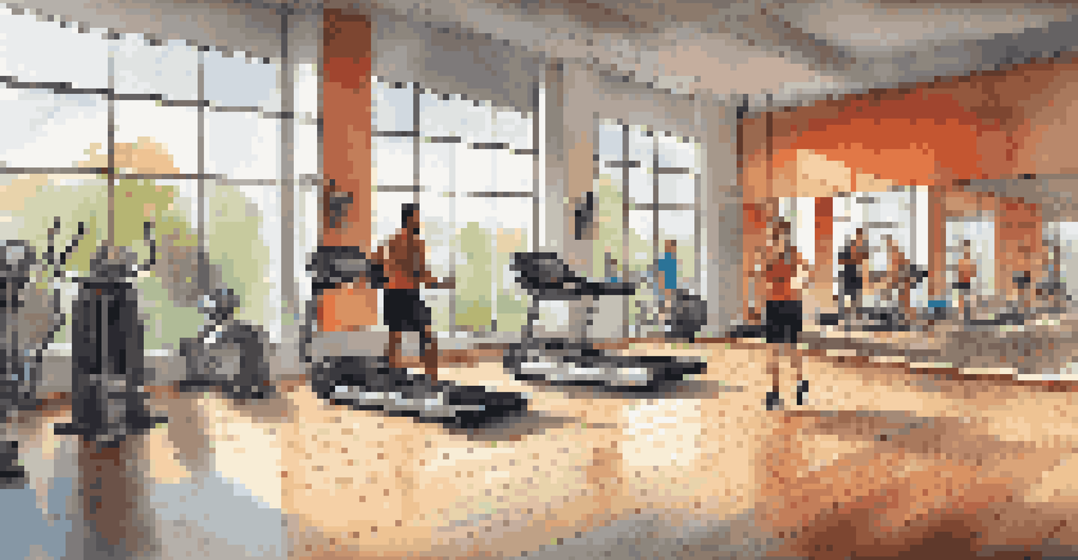 A modern fitness center filled with gym equipment, natural light, and a personal trainer helping a client.