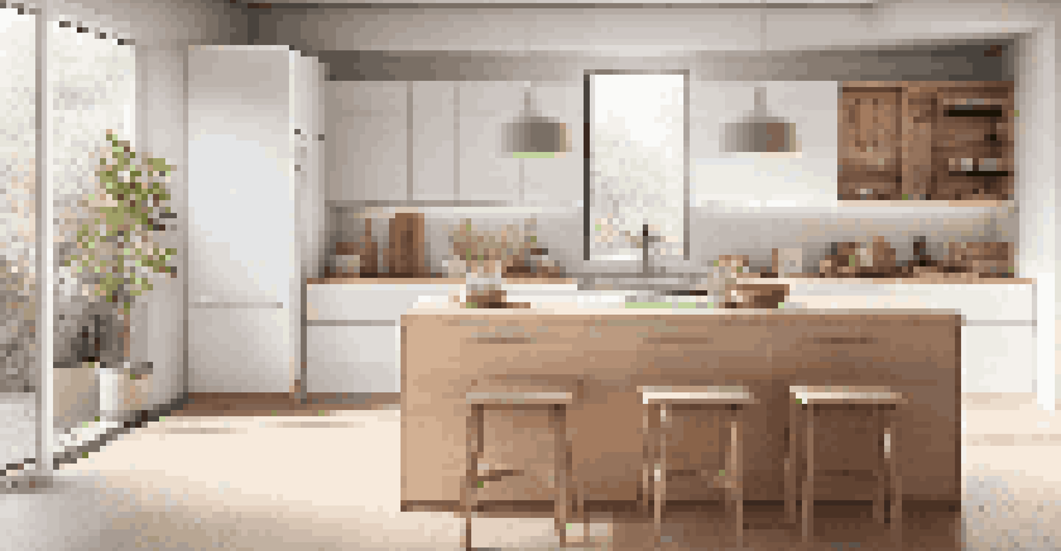 A minimalist kitchen with essential tools on a clean countertop, featuring bright colors and smart storage solutions.