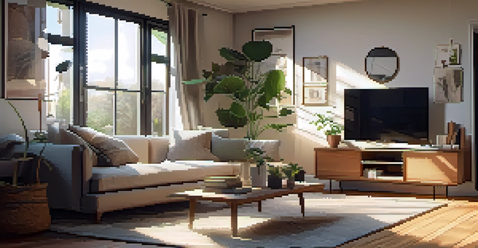 A cozy modern living room with a sectional sofa, coffee table, and potted plants, illuminated by sunlight from large windows.