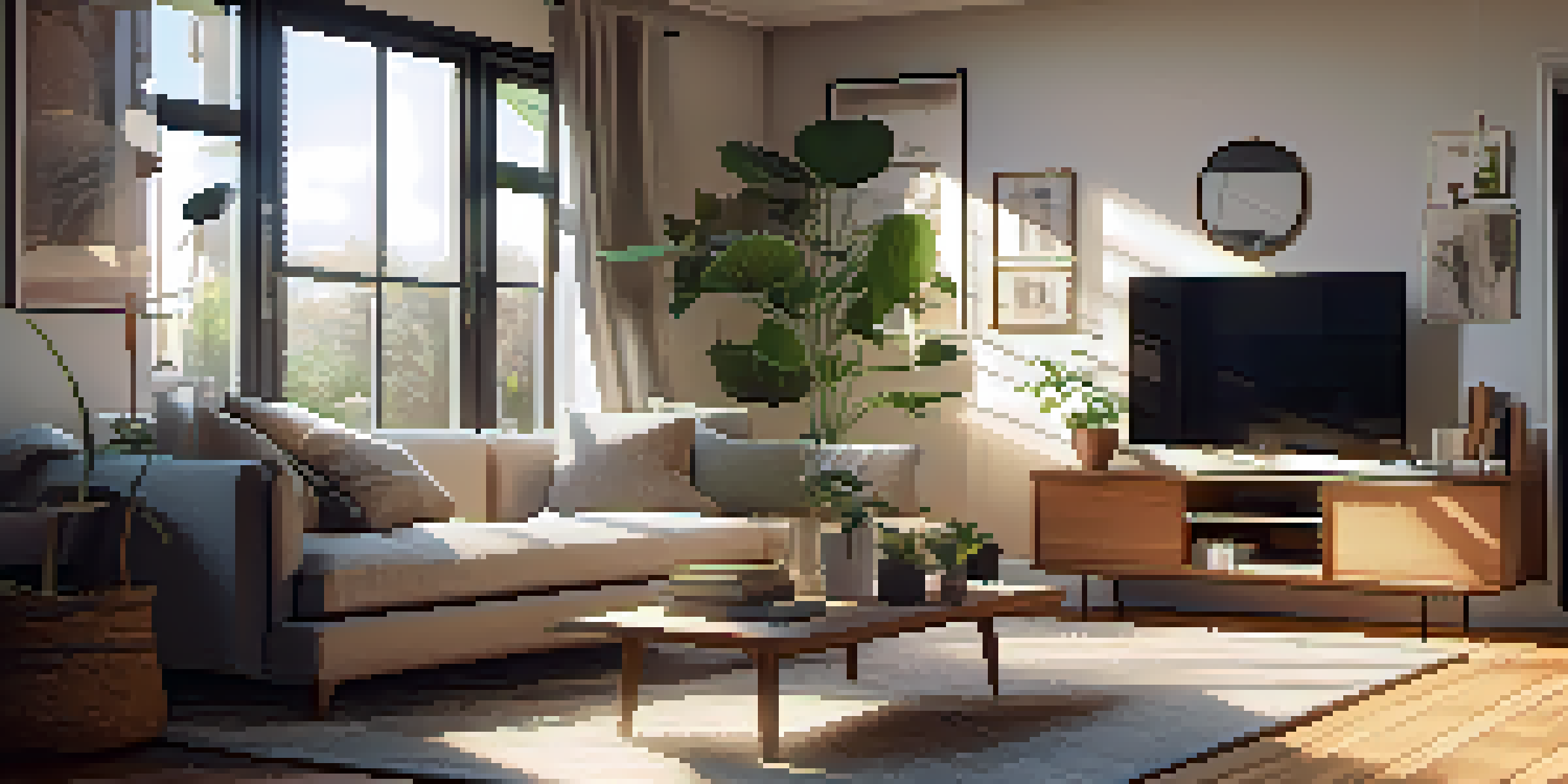 A cozy modern living room with a sectional sofa, coffee table, and potted plants, illuminated by sunlight from large windows.