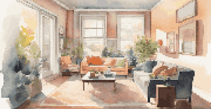 A cozy living room with wide paths, comfortable seating, and bright lighting, designed for accessibility.