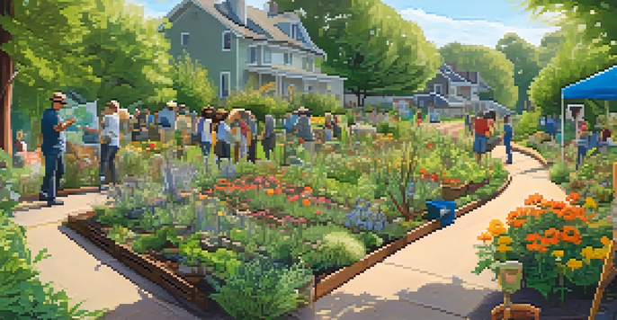 Neighbors planting native flowers together in a community garden, with a banner for a biodiversity workshop in the background.