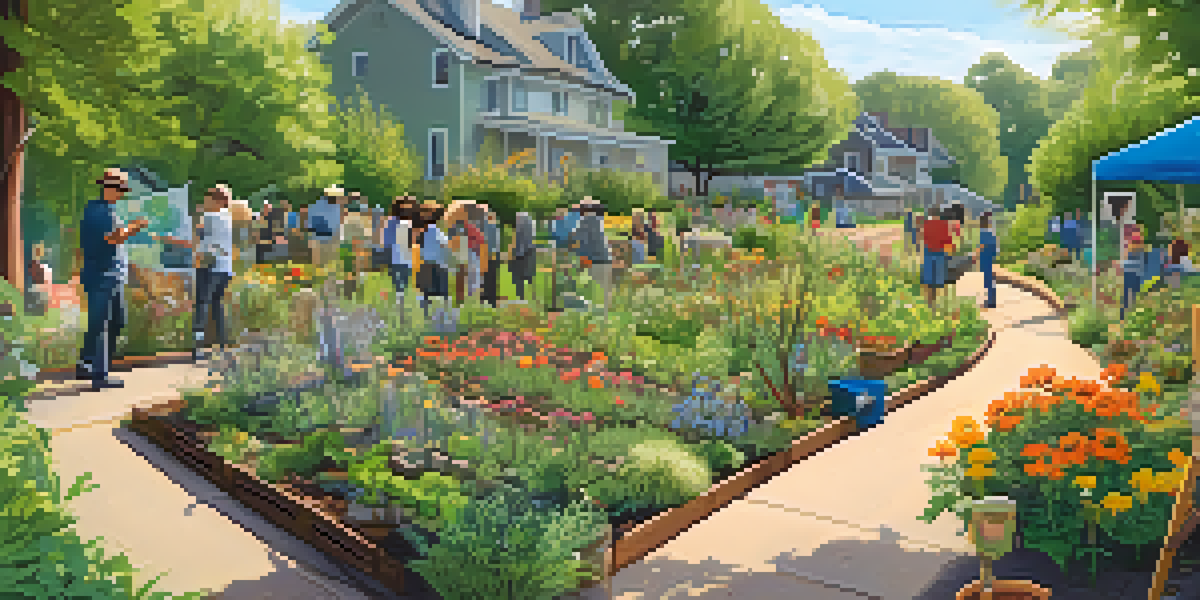 Neighbors planting native flowers together in a community garden, with a banner for a biodiversity workshop in the background.