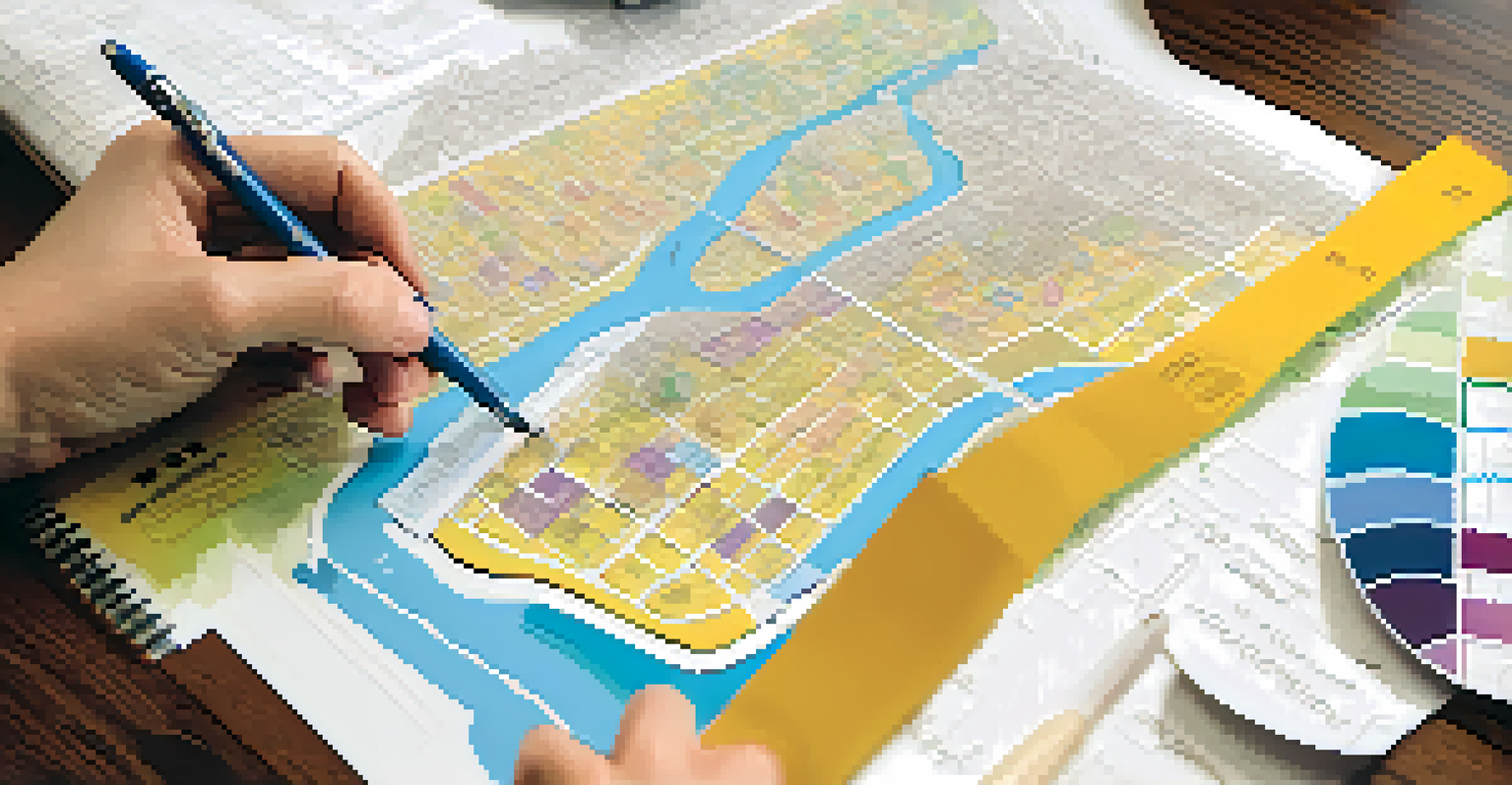 A zoning map on a table with colorful sections, showing areas designated for different uses, and hands pointing to 'affordable housing' while a notebook and pen sit nearby.