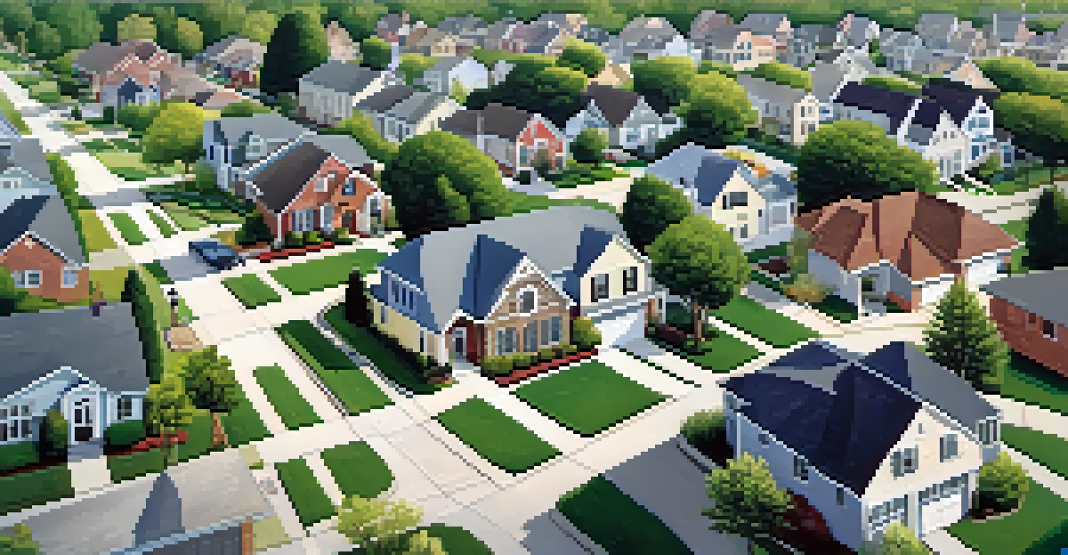 An aerial view of a suburban neighborhood with diverse houses and children playing outside.