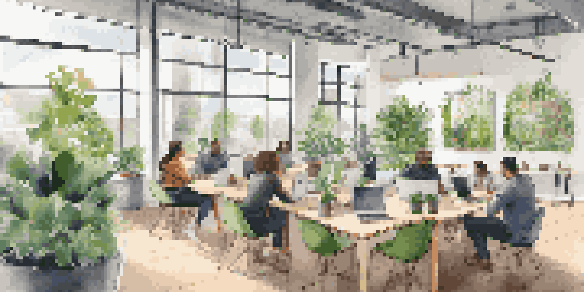 A modern coworking space with diverse individuals collaborating on real estate projects, large windows, contemporary furniture, and a digital screen showing investment opportunities.